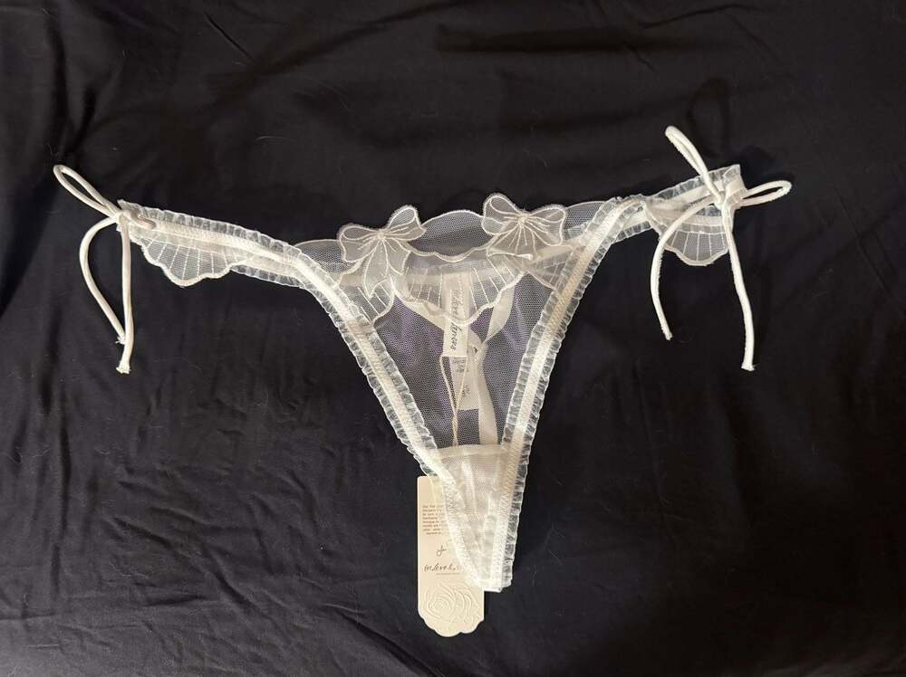 For Love & Lemons White Embroidered Ruffled String Thong